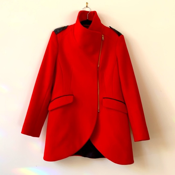 French Connection Size 14 US Wide Collar Tulip Hem Fire Engine Red Coat - Picture 3 of 17